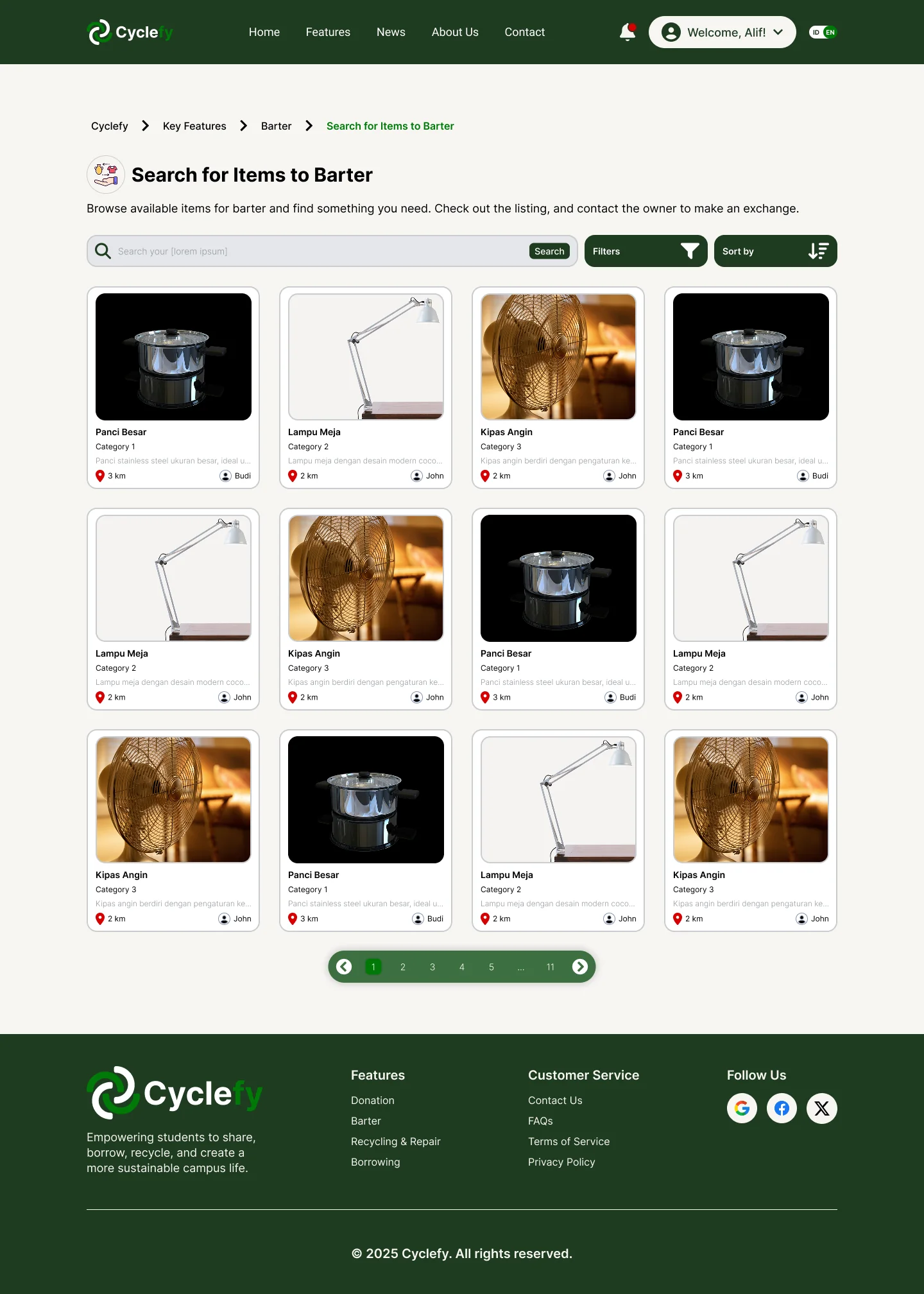 Search for Items to Barter page with search, filters, sorting and a grid of item cards.