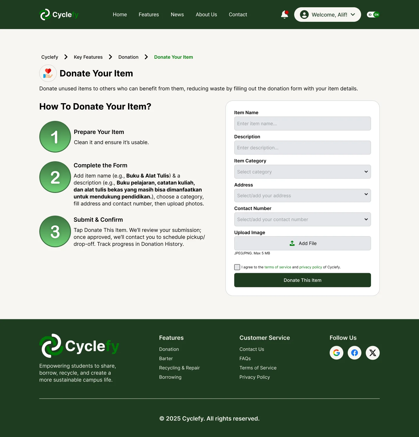 Donate Your Item page with a three-step guide and a donation form.