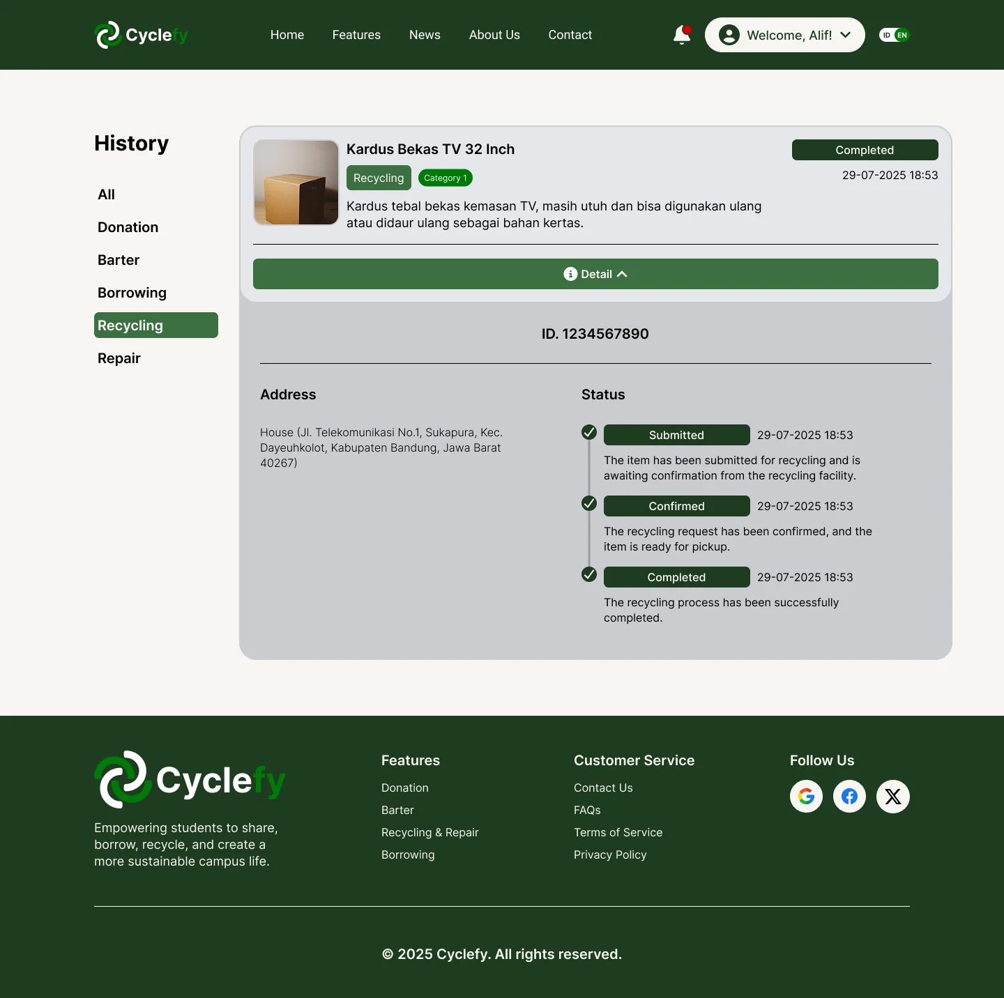 History page showing a recycling request with a status timeline: Submitted, Confirmed, Completed.