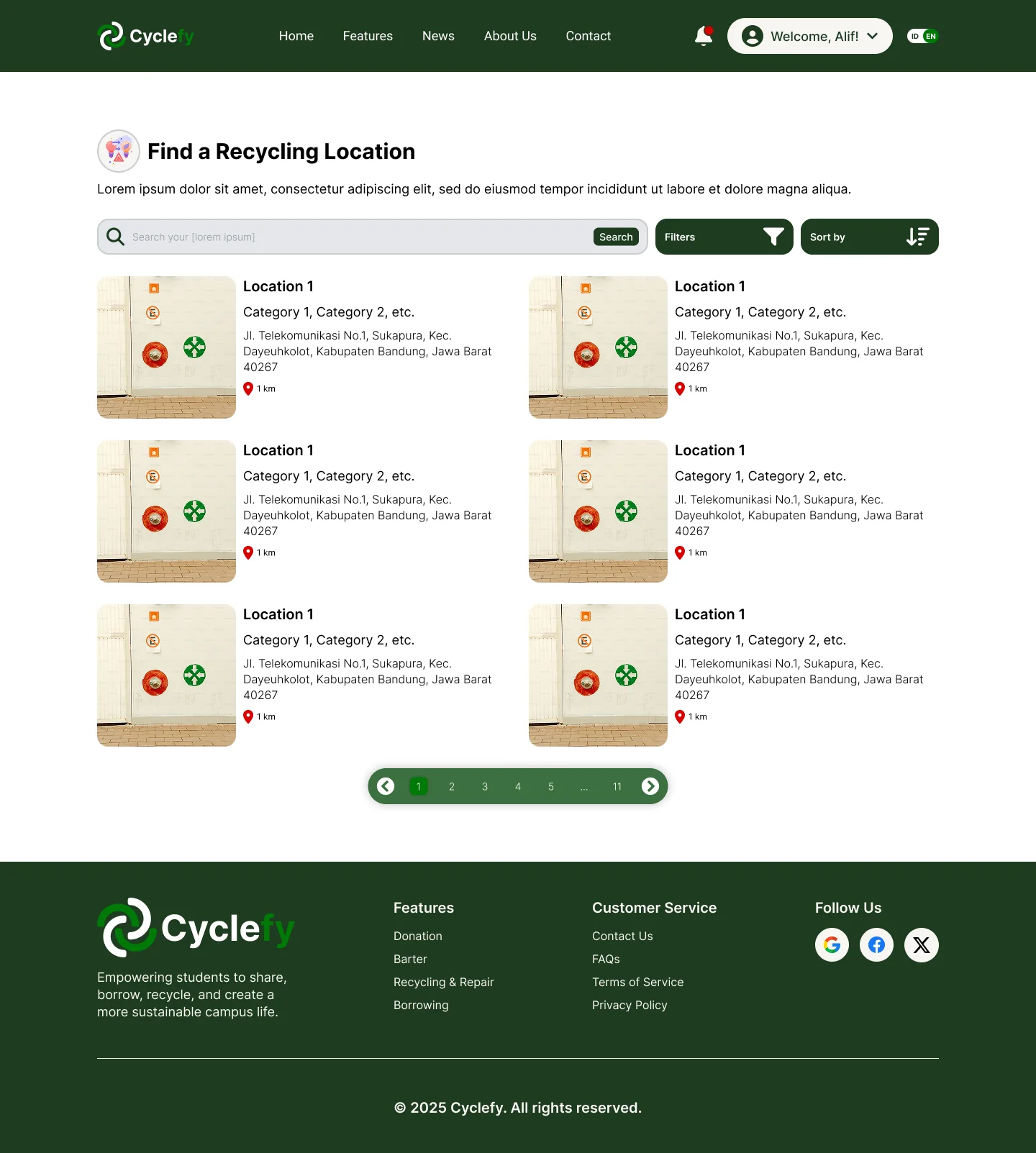 Find a Recycling Location page with search, filters and a list of locations with distance.
