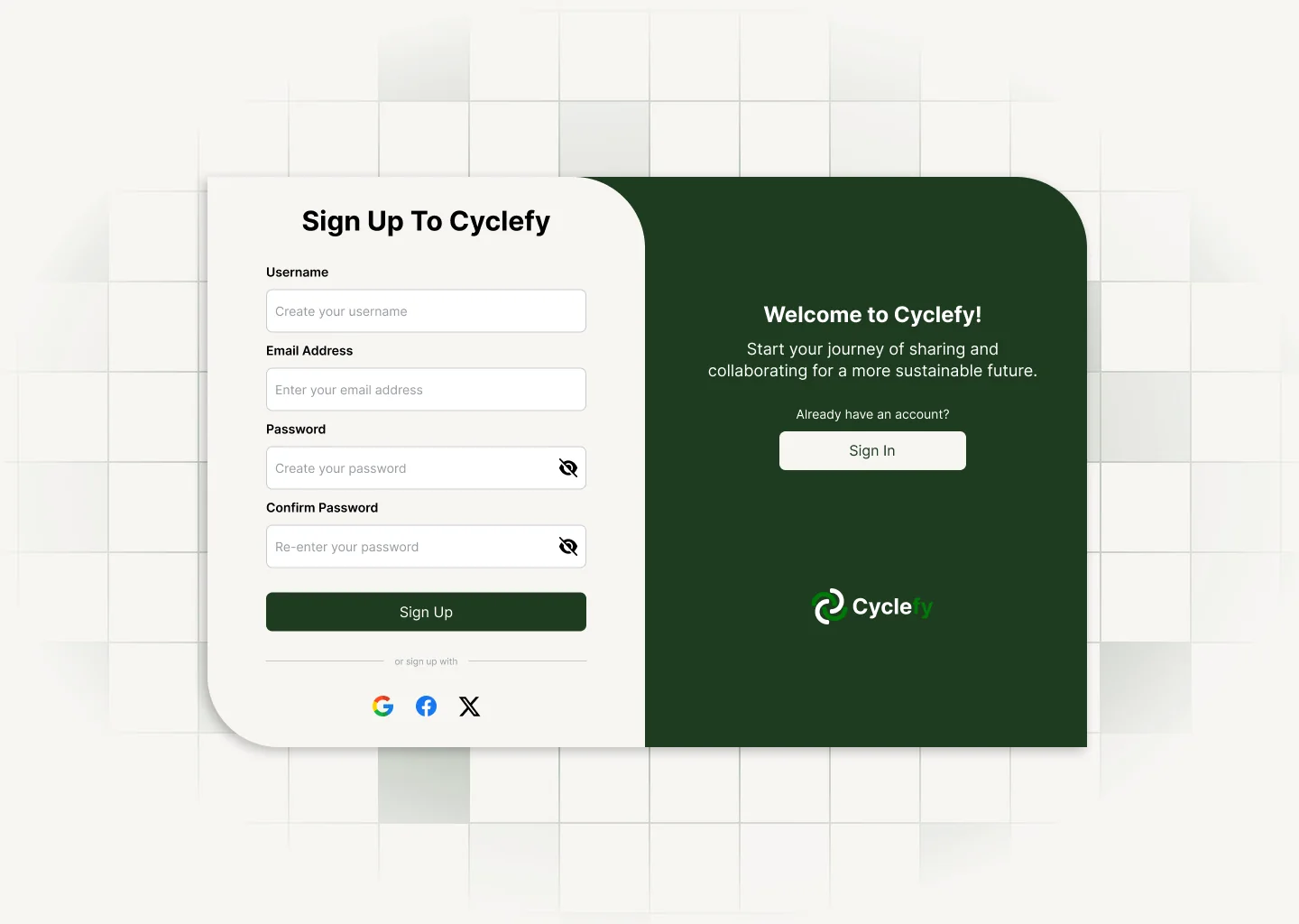 Sign Up screen with username, email, password and confirm password fields, plus Google, Facebook and X sign-up options.