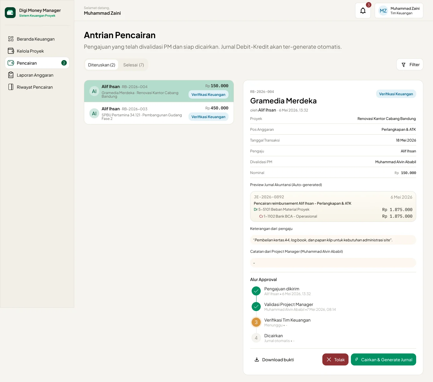 Finance disbursement queue with a detail panel and a preview of the automatically generated accounting journal.