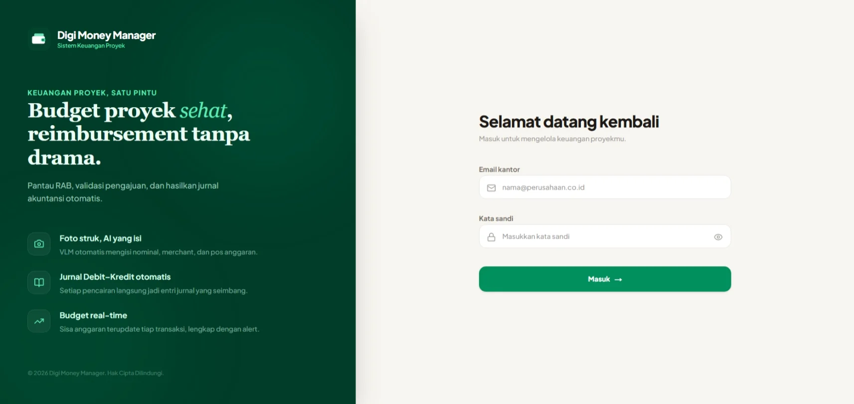 Sign-in screen with a green panel listing three features on the left and an email and password form on the right.