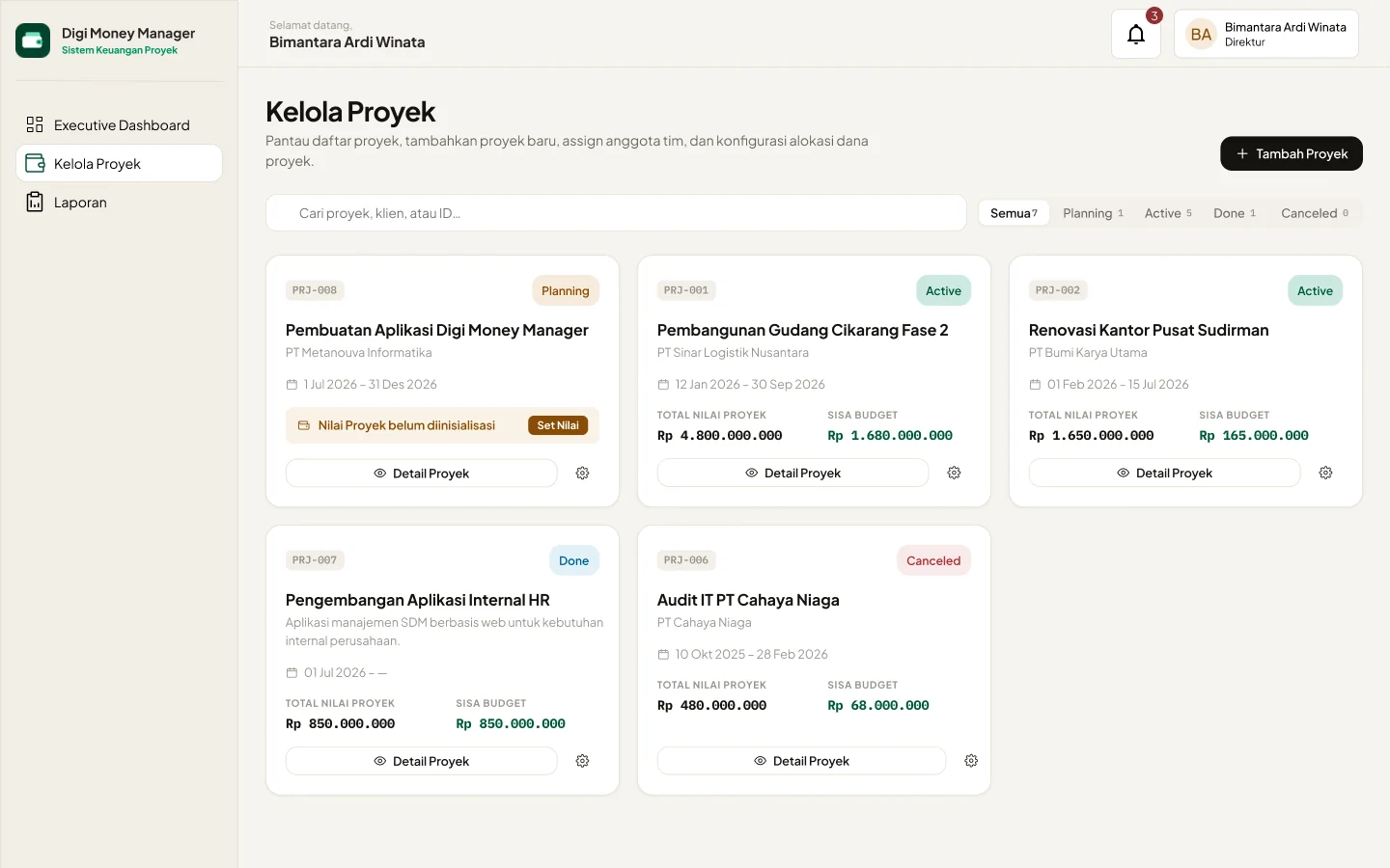 Project management screen with project cards filtered by status: planning, active, done, canceled.