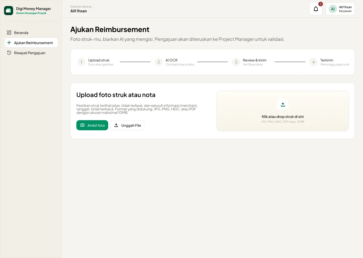 Employee screen for submitting a reimbursement: a four-step progress bar and an upload area for a receipt photo.