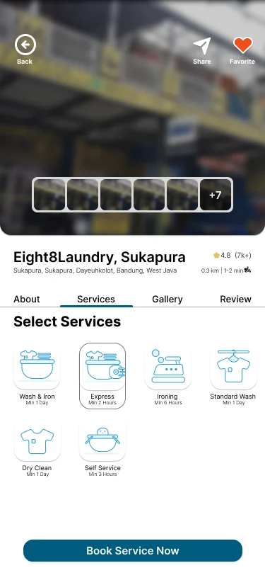 Provider page with tabs and a grid of services such as Wash and Iron, Express, Ironing, Standard Wash, Dry Clean and Self Service, and a Book Service Now button.