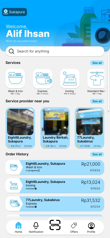 Mobile home screen with a welcome banner, search bar, service shortcuts, nearby service providers and order history.