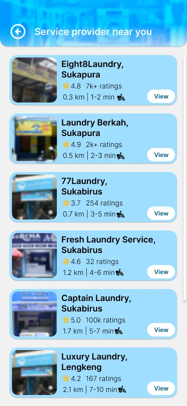 List of laundry service providers near the user with rating, distance and a View button.