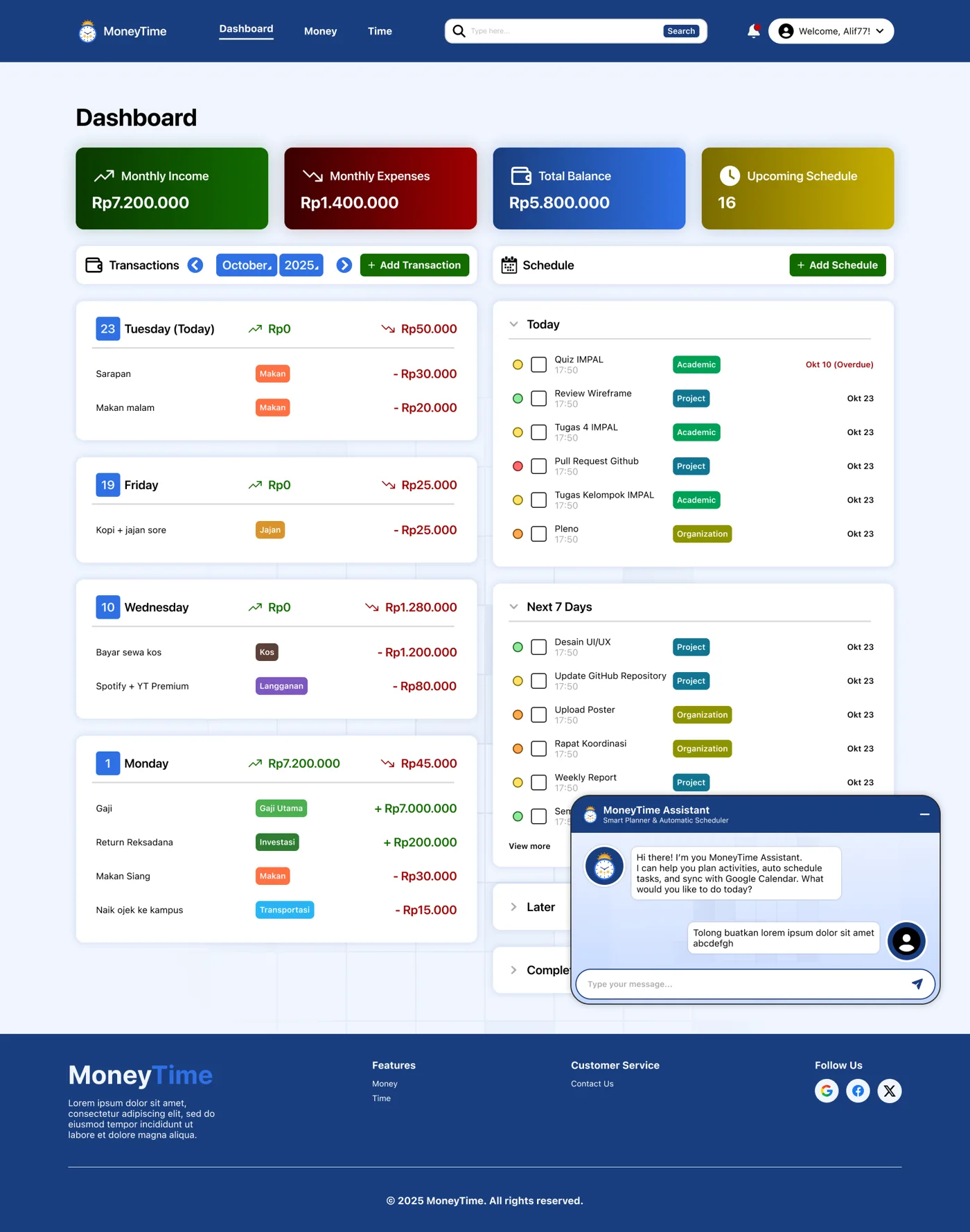 Dashboard page with income, expense, balance and upcoming schedule cards, a list of transactions by day, a schedule list and an assistant chat window.