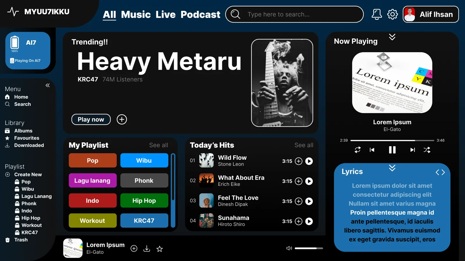 Desktop music player screen with a dark navy theme: sidebar, trending banner, playlists, today's hits, now playing and lyrics panels.