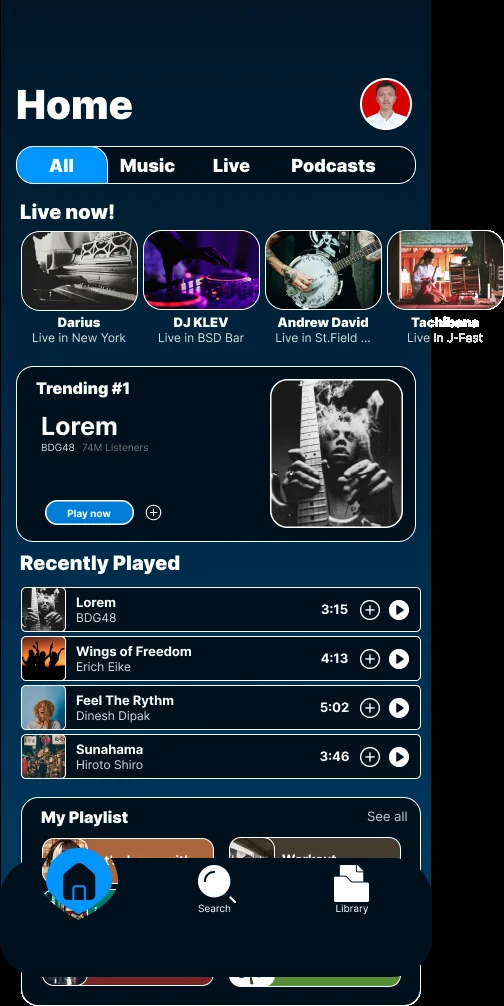 Mobile home screen with tabs, live now, trending, recently played and playlists.