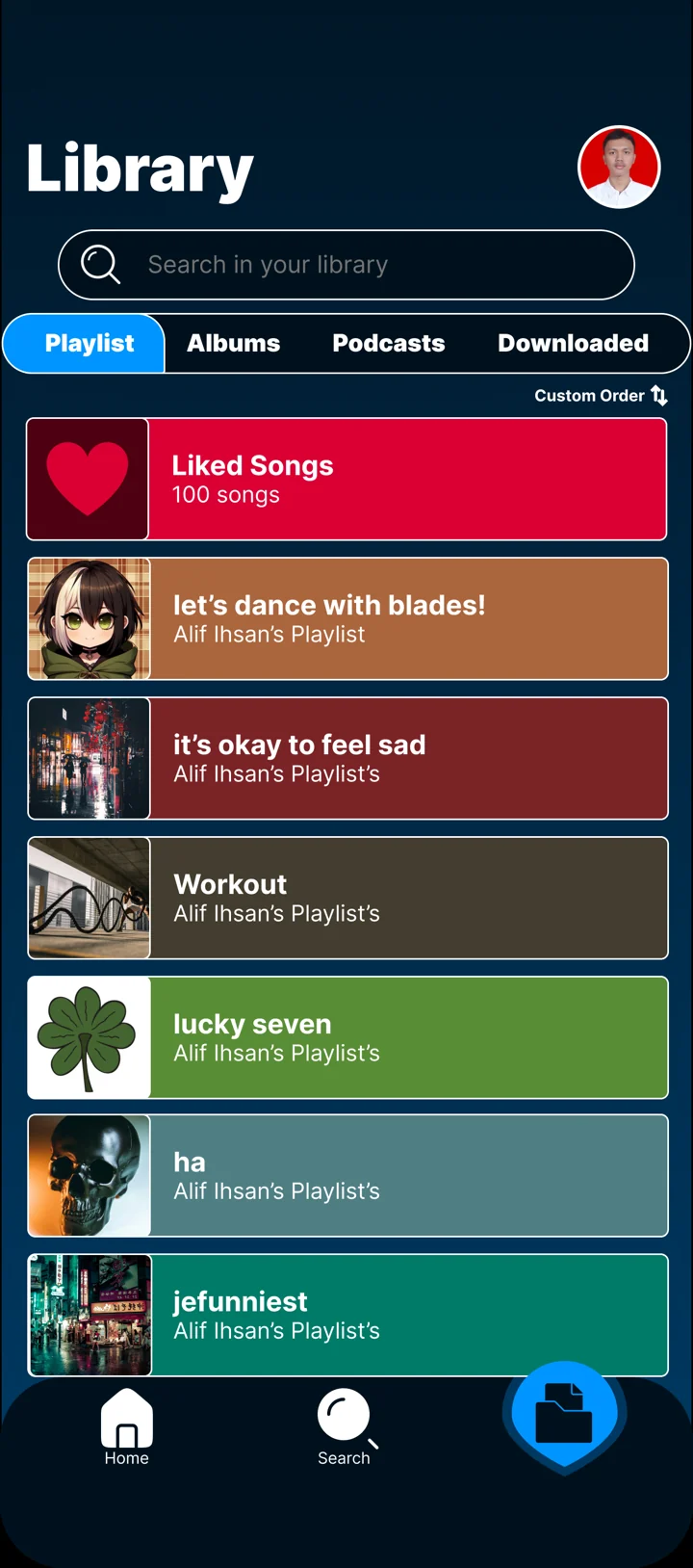 Mobile library screen with tabs and a list of coloured playlists.