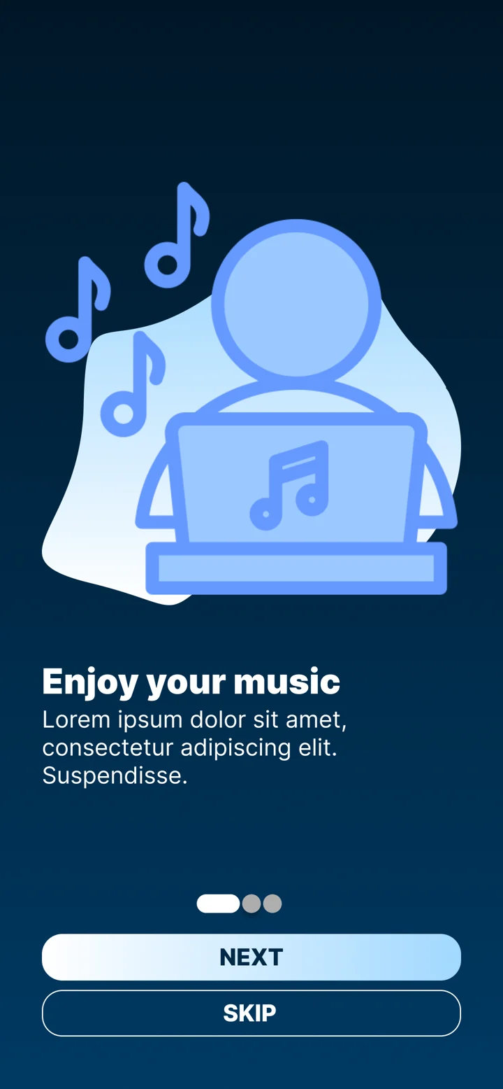 Mobile onboarding screen with an illustration, short text, Next and Skip buttons.