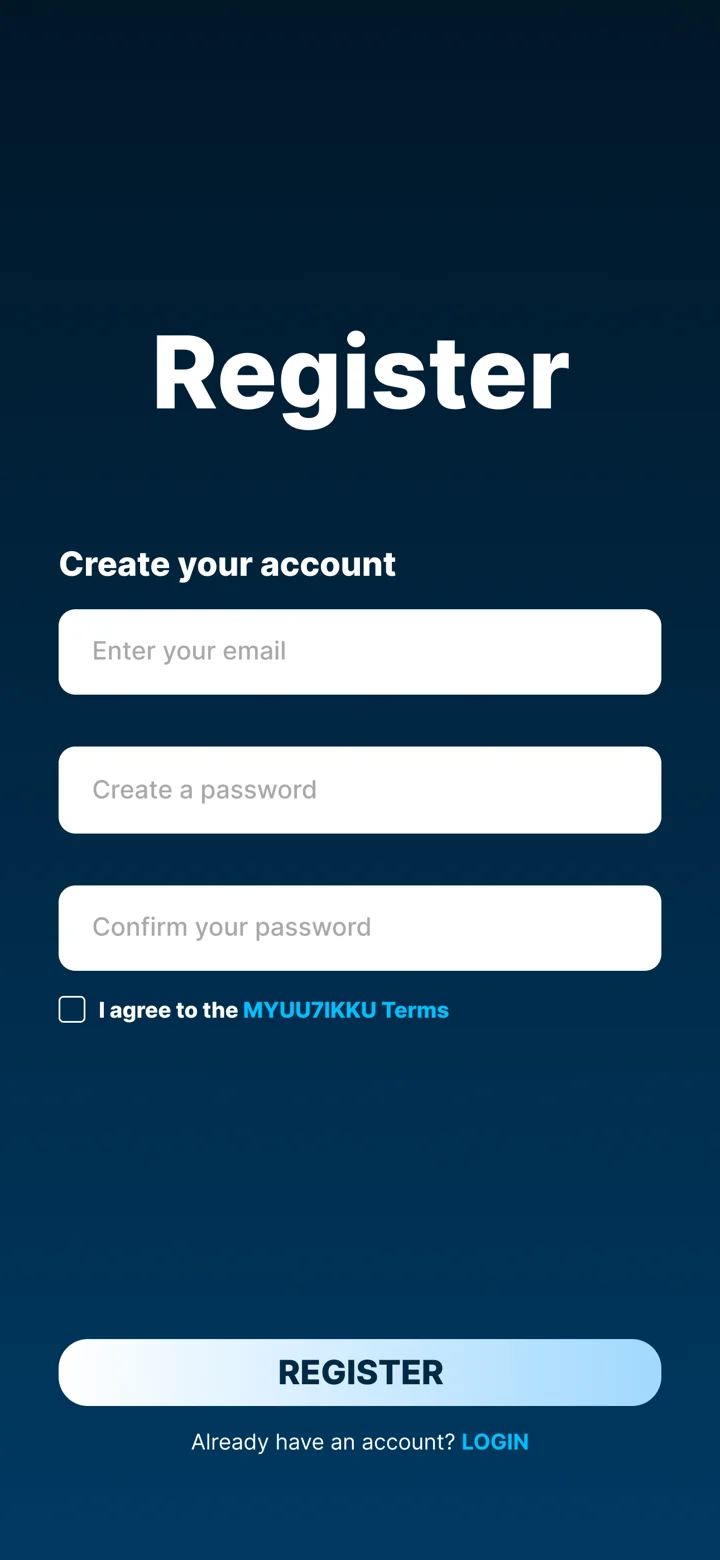 Mobile register screen with email, password and confirm password fields and a terms checkbox.
