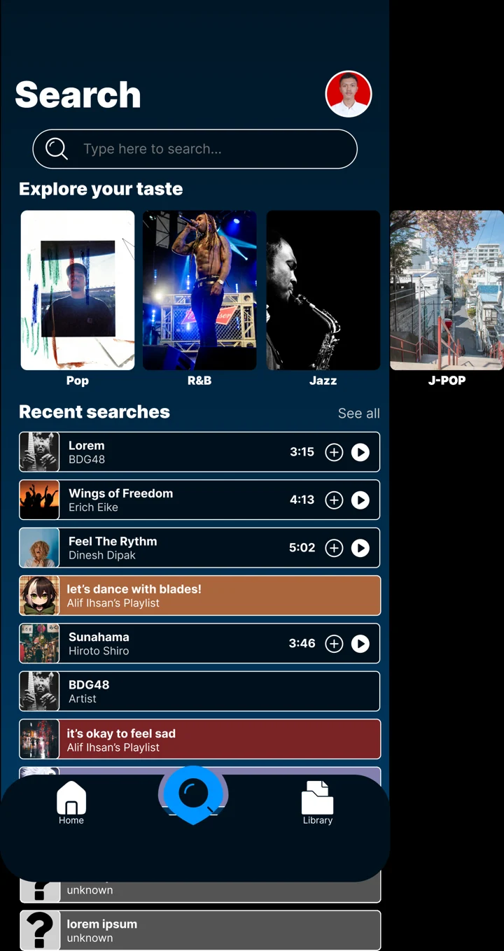 Mobile search screen with genre cards and recent searches.
